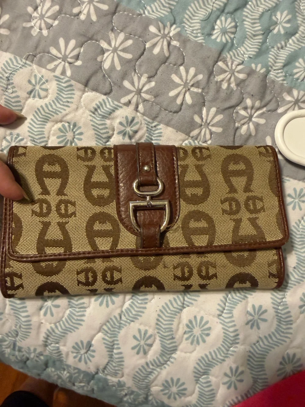 Etienne Aigner Signature Monogram Trifold Checkbook Organizer Wallet Brown